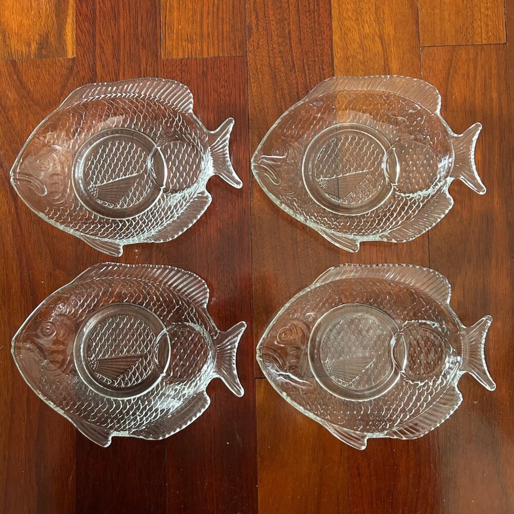 Vintage Lot of 4 Glass Fish Shaped Plate Seafood Serving Dishes